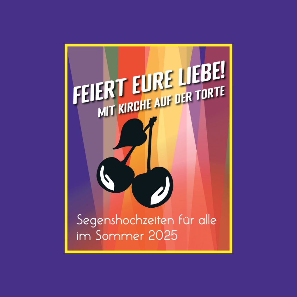 Plakat: Bunte Streifen, Kirschen mit Kirchturmstämmen und Segenstext zur Hochzeit.
