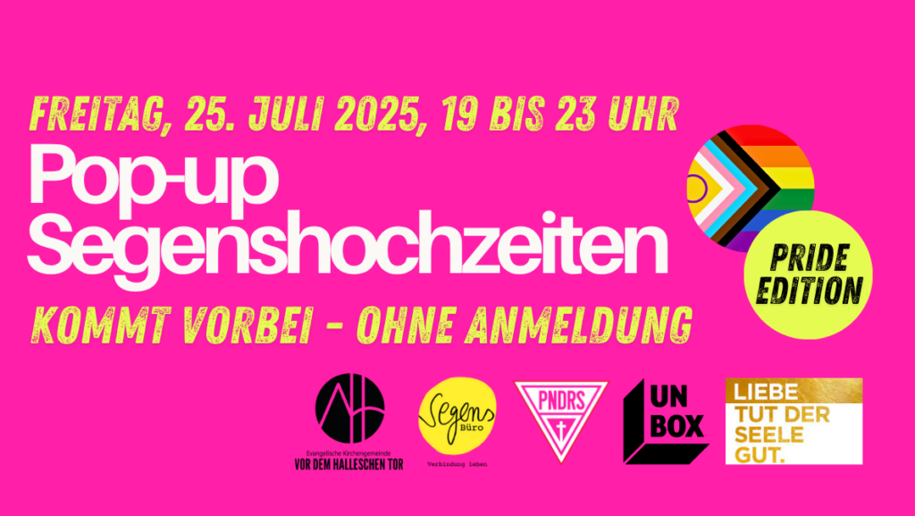 Hellrosa Plakat mit Regenbogenherz, Infos zu Pride-Veranstaltungen und "Liebe tut der Seele gut".