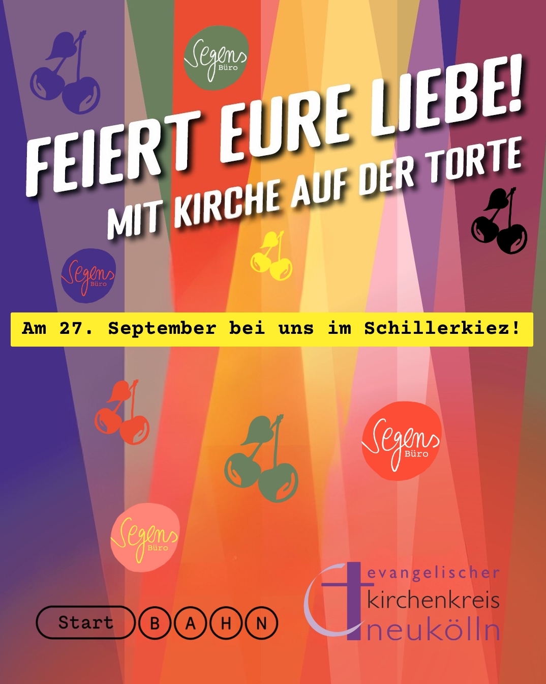 Poster mit bunten Kirschen, fettgedrucktem Veranstaltungstext, Datum, Ortsbanner und drei Organisationslogos.