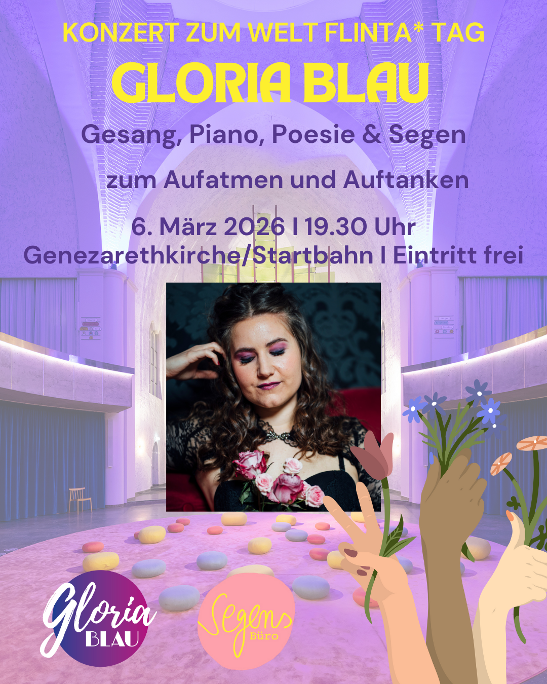 Gloria Blau Konzertplakat mit ihrem Foto, pastellfarbene Kissen, Blumen und Informationen zum freien Eintritt.