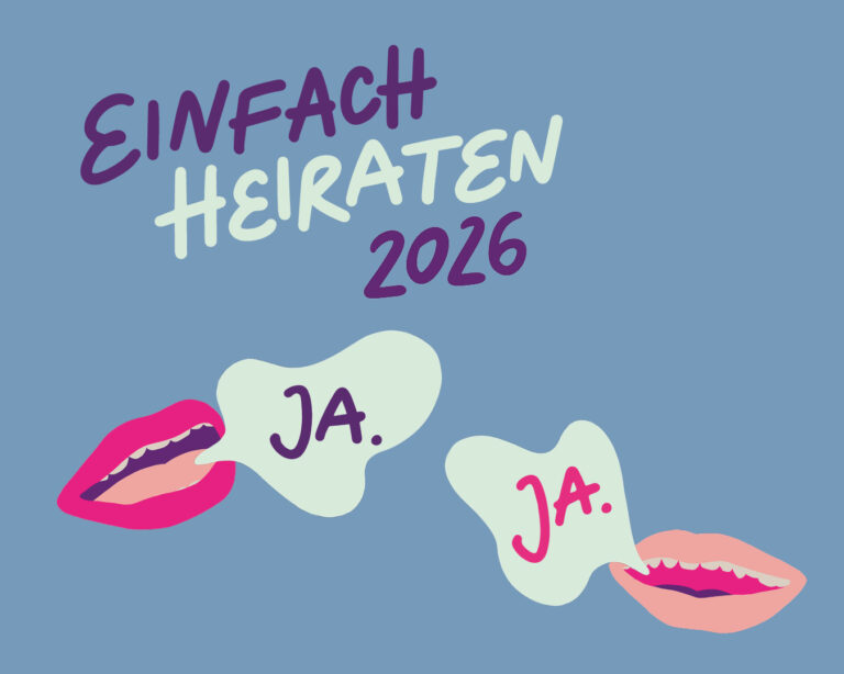 Illustration mit "Einfach Heiraten 2026" und zwei Mündern, die in Sprechblasen "Ja." sagen, auf blauem Grund.