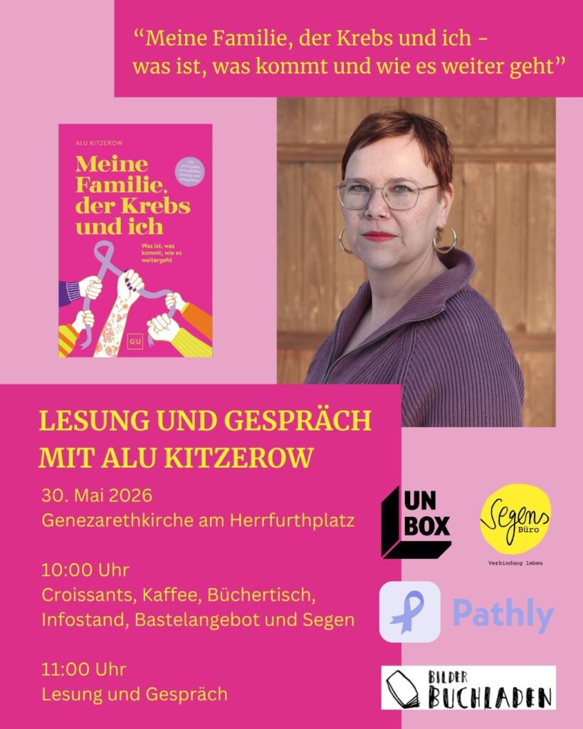 Poster mit rosa und gelben Farben, Buchdeckel, Frau mit Brille, Leseveranstaltung über Krebs.