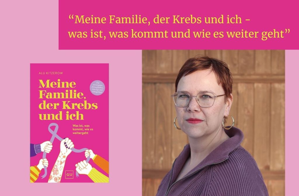 Rosa und gelbes Veranstaltungsplakat für eine Lesung mit Alu Kitzerow am 30. Mai 2026; Buch, Foto, Logos.
