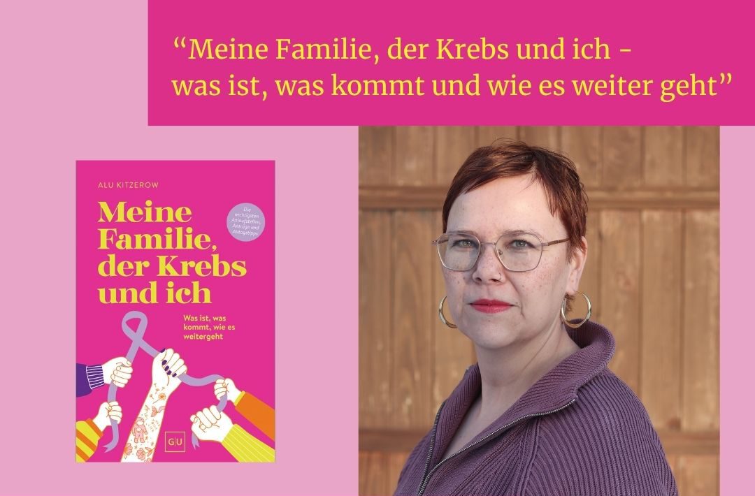 Rosa und gelbes Veranstaltungsplakat für eine Lesung mit Alu Kitzerow am 30. Mai 2026; Buch, Foto, Logos.